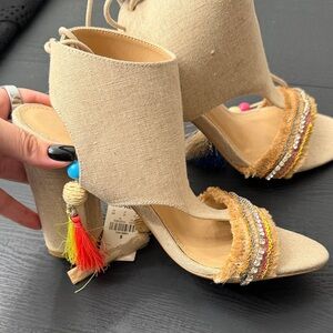 BAMBOO Beige Heels with Colorful Tassels